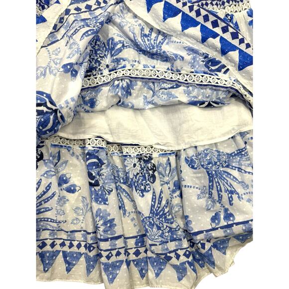 FARM Rio Flowerful Birds Maxi Dress Size XL Blue White Cotton V-Neck Boho Resort - Picture 8 of 12